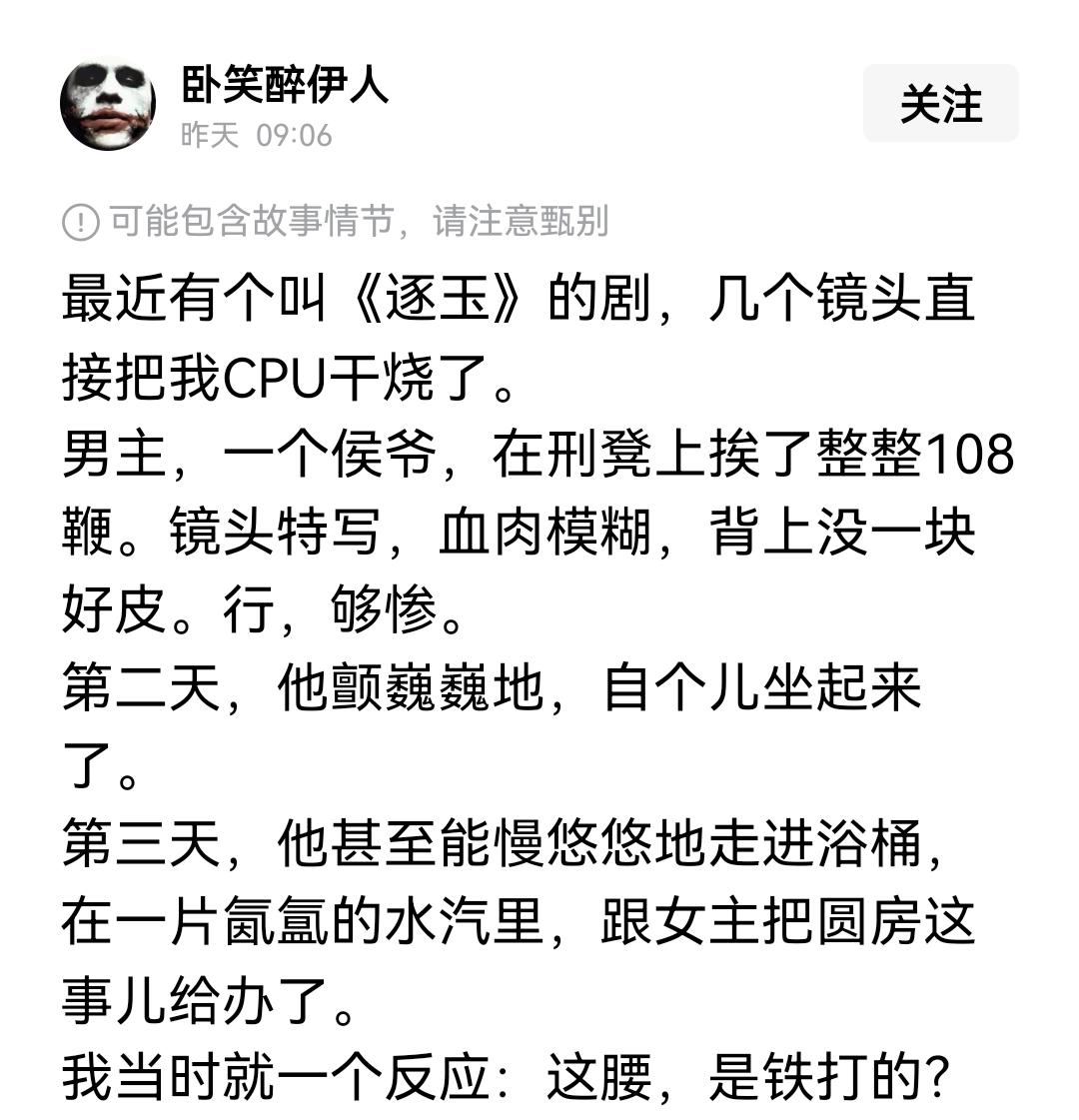 有细心的网友说，最近有个叫《逐玉》的剧，几个镜头直接把我CPU干烧了。

男主，