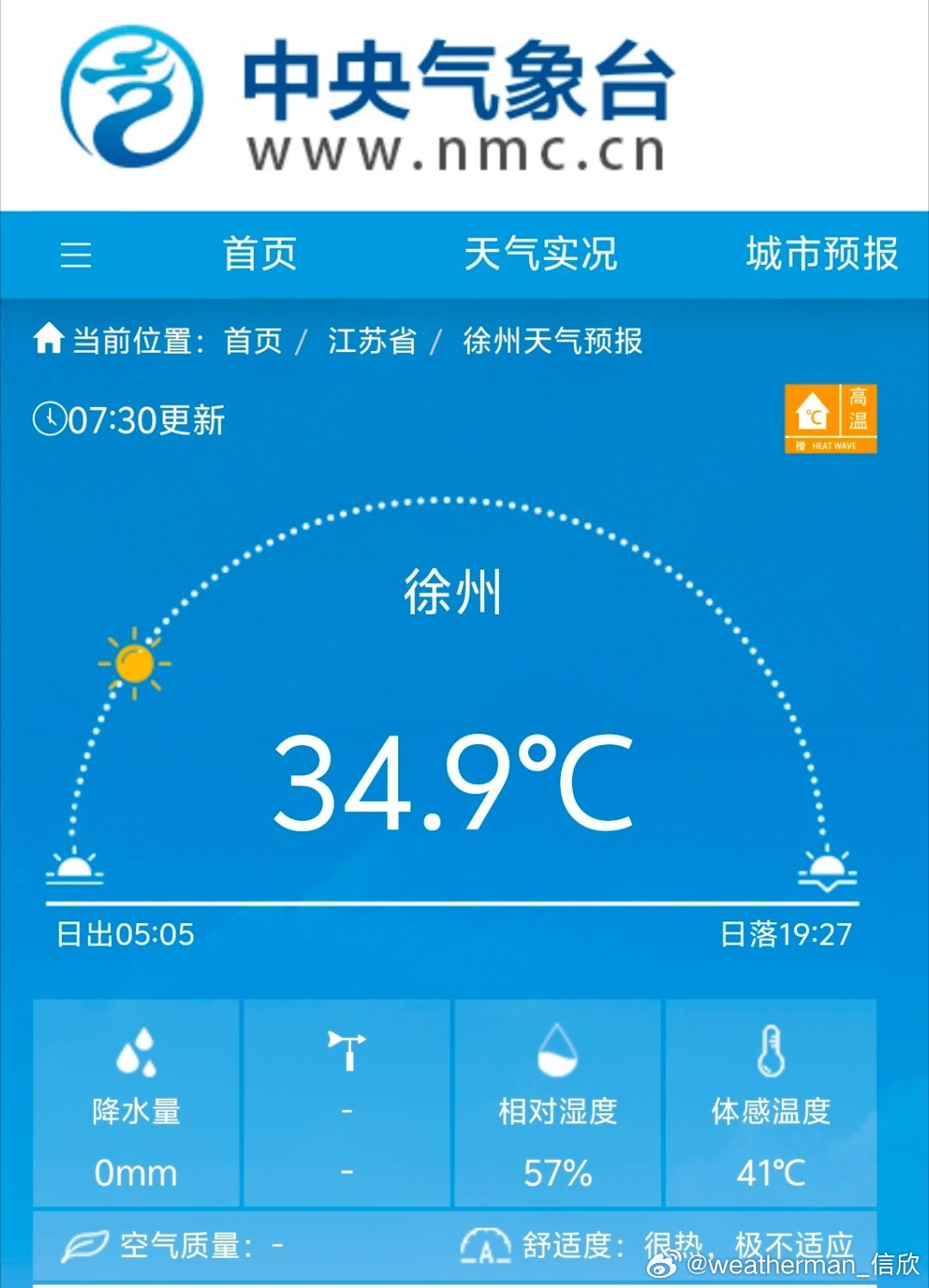 今天7点30分，江苏徐州气温达到了34.9℃，7点35分升至35.4℃。如此早出
