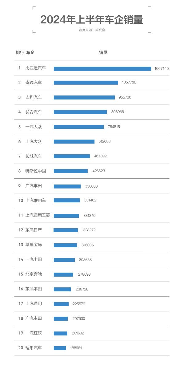 2024年上半年中国新能源汽车表现出色，比亚迪、奇瑞、吉利拿下了前三的席位，整体