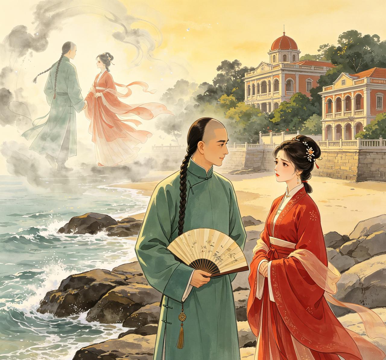 清朝人金镜秋前往厦门鼓浪屿，偶遇自己在梦中缠绵相伴过的一位红衣女子秦丽娟。他询问