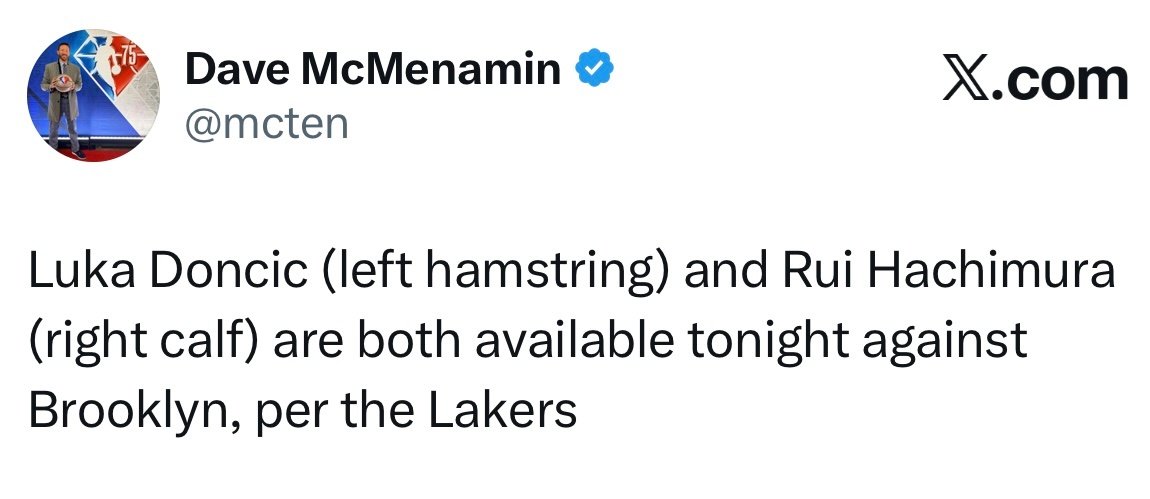 东契奇和八村塁，可以出战今天与篮网的比赛。 