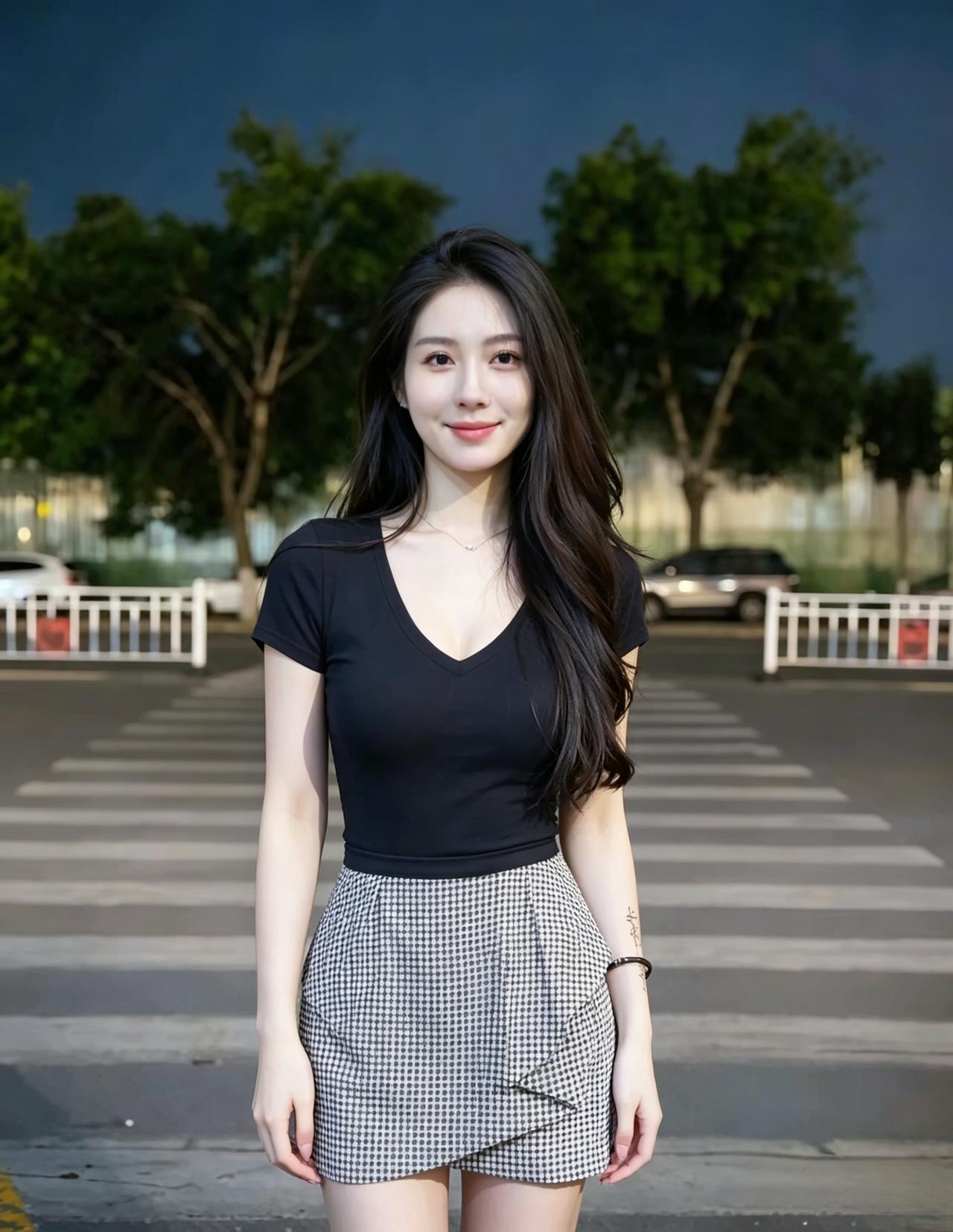 晚空垂夜幕初凉，
树影婆娑映路旁。
一笑嫣然灯影里，
满城夜色为伊妆。