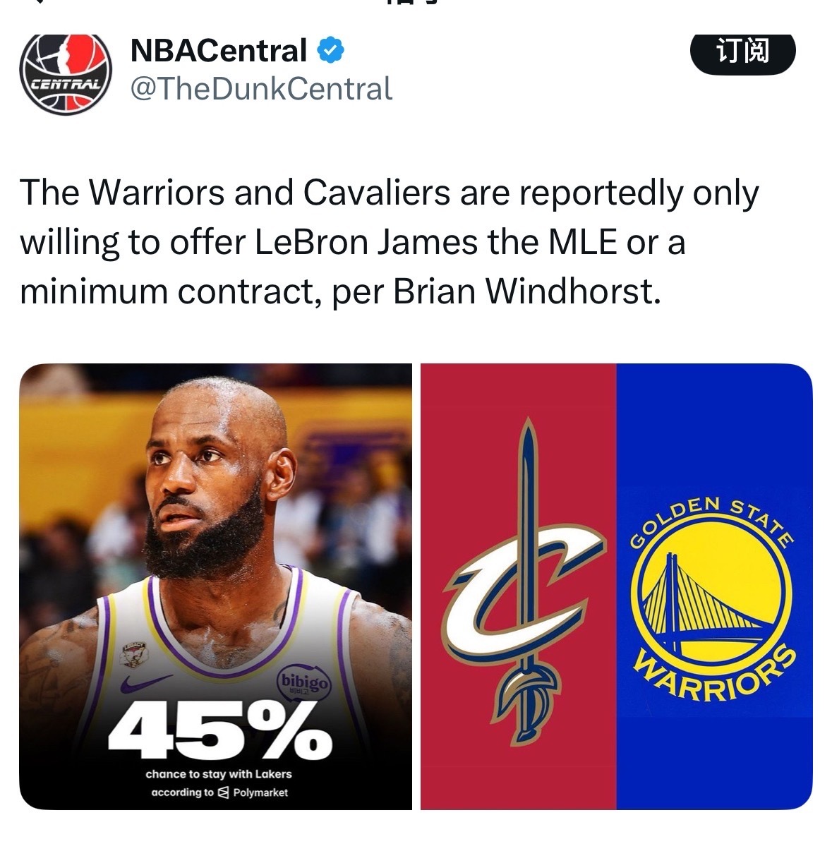 ESPN记者文胖报道称“ 勇士和骑士都愿意在今年夏天为詹姆斯提供中产特例合同或底