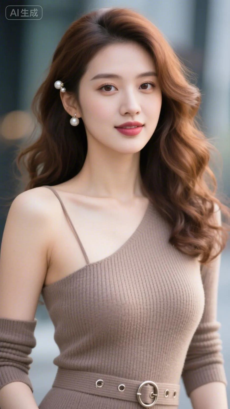 温柔甜美的穿搭，珍珠耳环和棕色毛衣的搭配，尽显优雅气质。