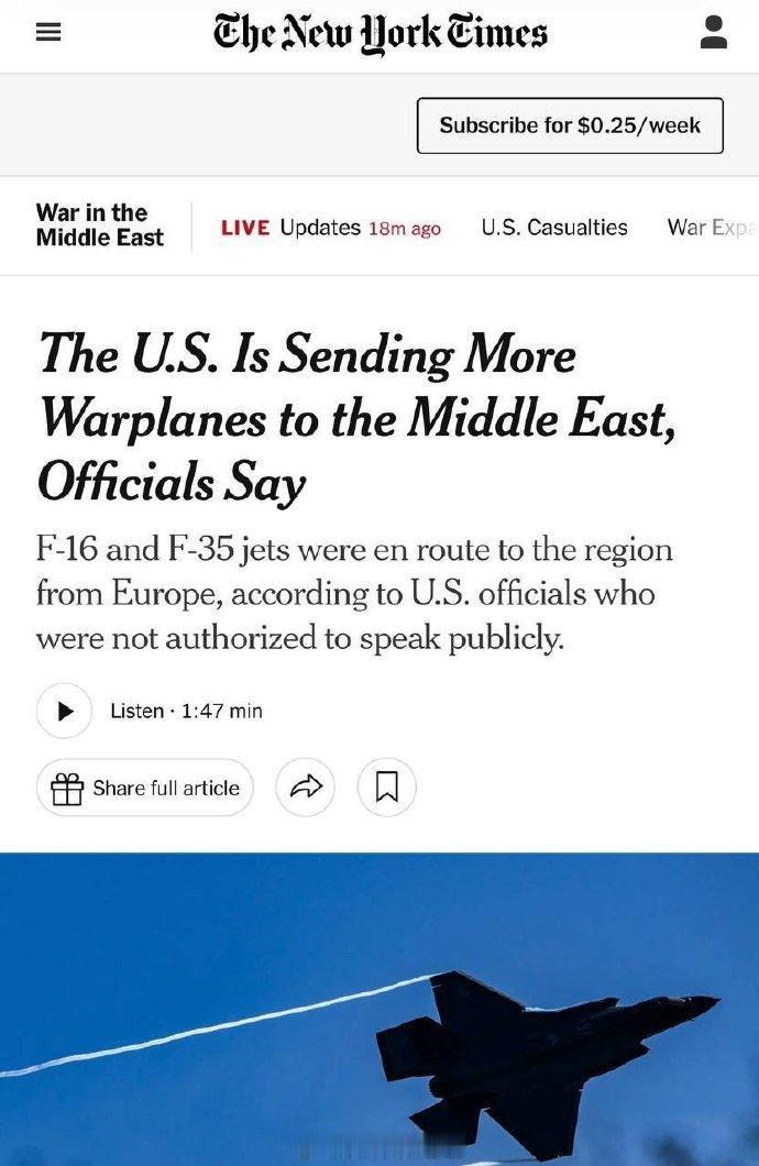 据美国《纽约时报》报道称，美国正向中东地区部署更多F-16和F-35战斗机，以及