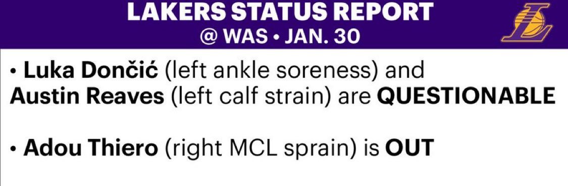 湖人伤病报告：东契奇（左脚踝酸痛）、里夫斯（左小腿拉伤）出战成疑；蒂耶罗（右膝内