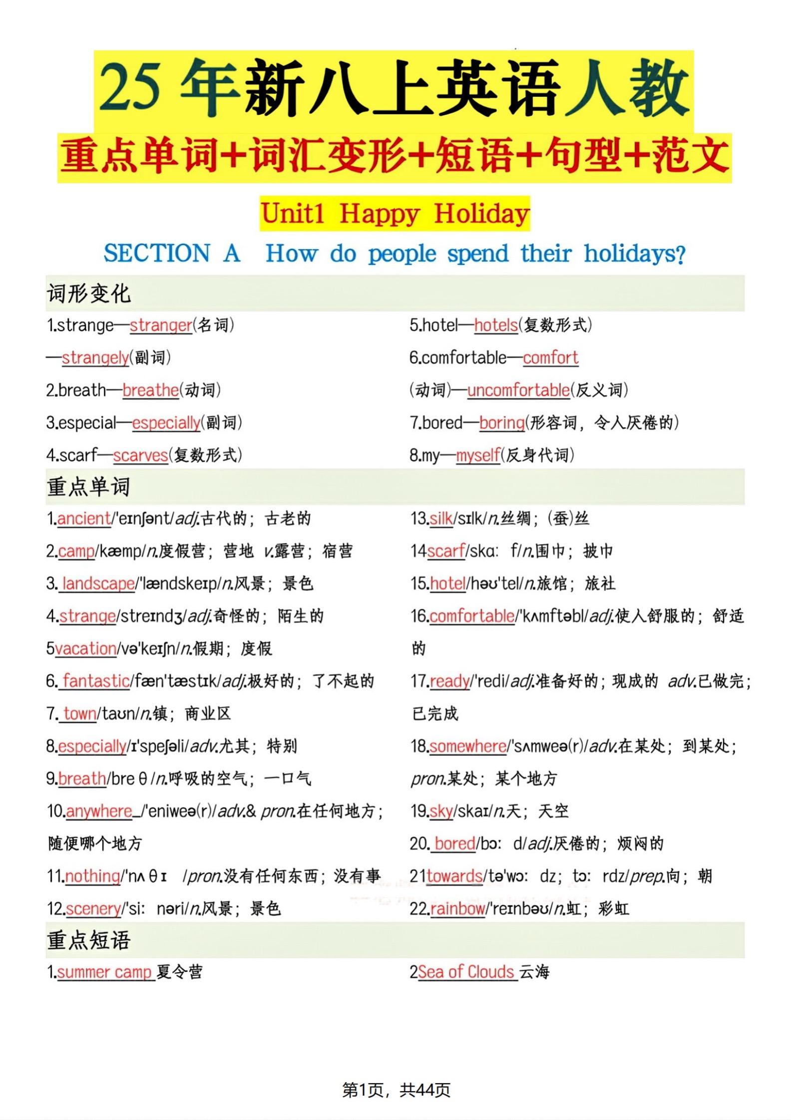2025秋八年级上册完整版英语知识汇总。新人教整合总结 重点单词+词汇...