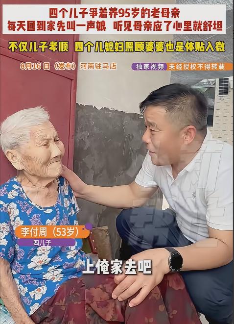 泪目了河南驻马店一位95岁老太太，被四个儿子当"宝贝"抢着接回家，约定2个月一轮