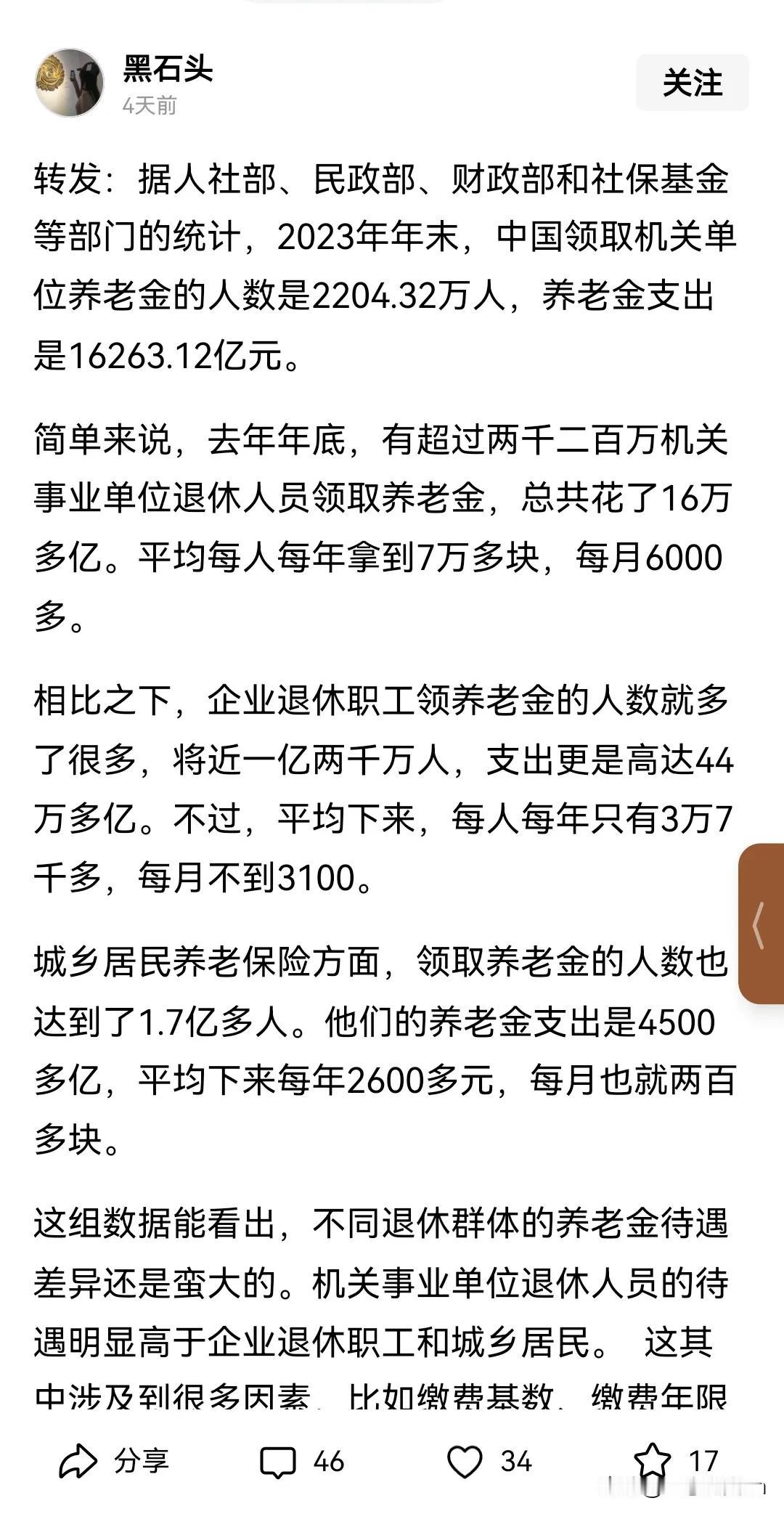 看到下图这条关于养老金的消息
突然联想到历史上
明朝供养皇室子孙的政策
最后，导