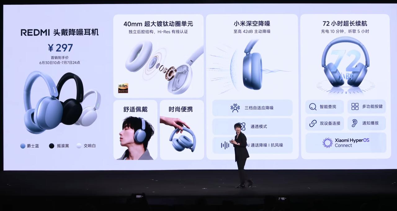 REDMI 头戴降噪耳机发布，首销到手价 297 元。

- 40mm 镀钛动圈
