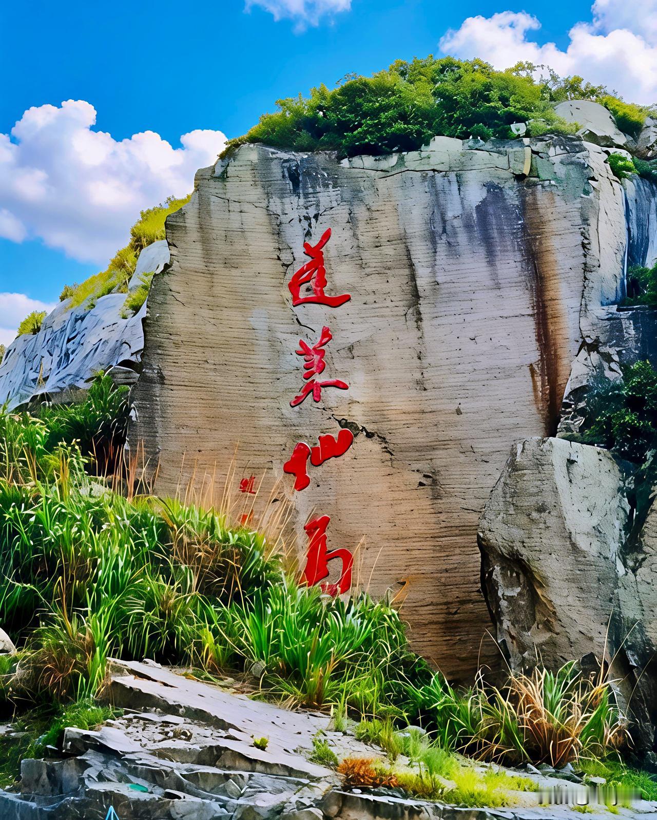 青灰岩壁上，赵朴初先生题写的“蓬莱仙岛”四字朱红如焰，嵌于岱山双合石壁的千年凿痕