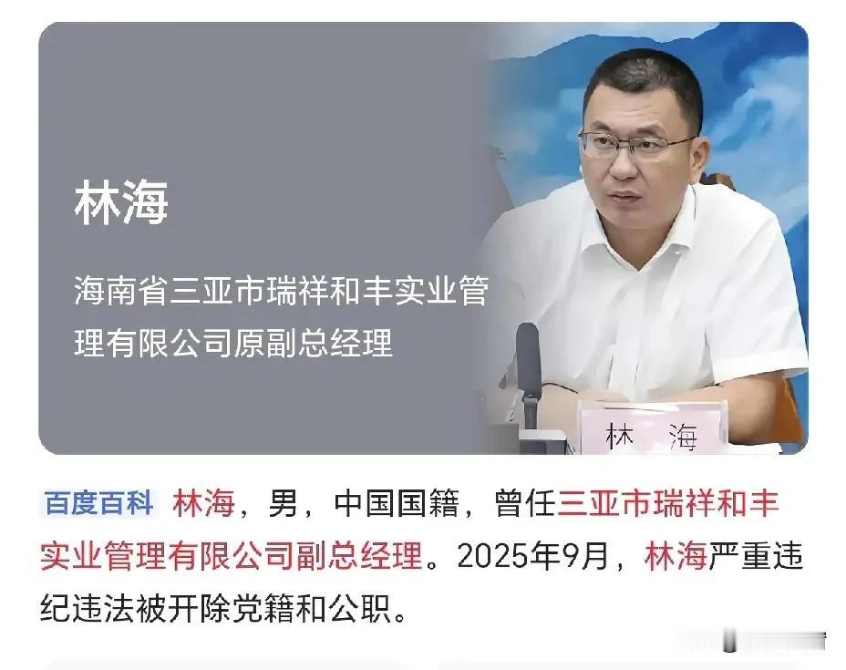 惊了！三亚市瑞祥和丰实业管理有限公司原副总经理林海，因为长期沉迷网络游戏被“双开