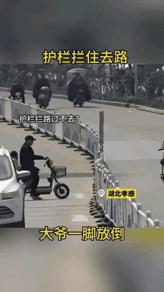 倔老头这个行为不可取，穿行马路很危险，何况还载着小孙孙。