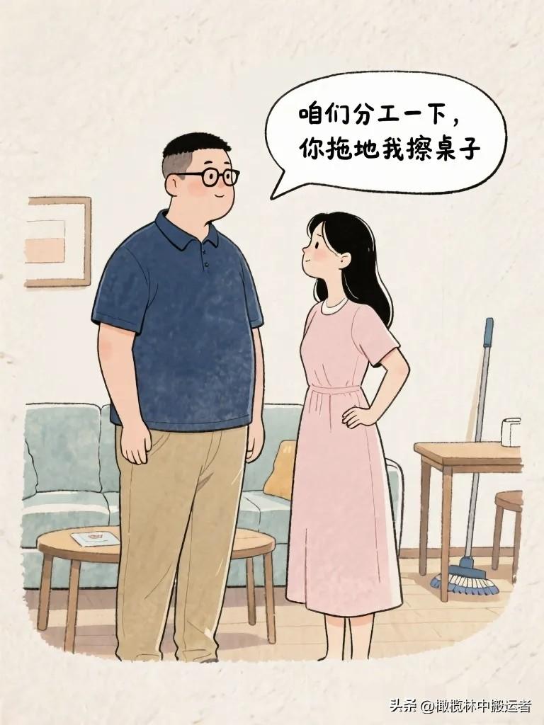 趣味漫画：老婆：咱们分工一下，你拖地我擦桌子。老公：行，公平。老婆三分钟擦完桌子