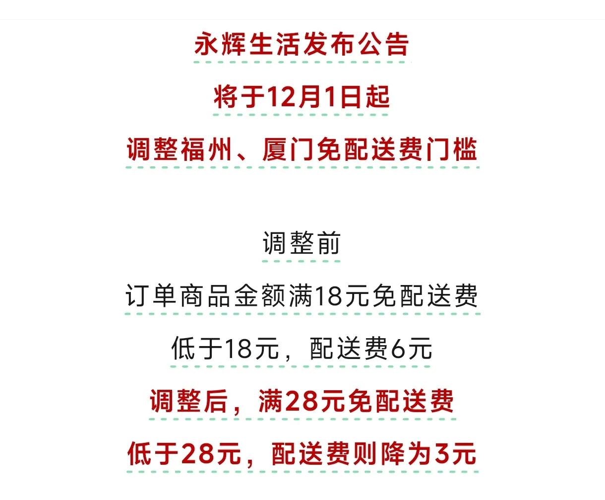 永辉APP配送费怎么调整？免费起送金额提高了，配送费提高了