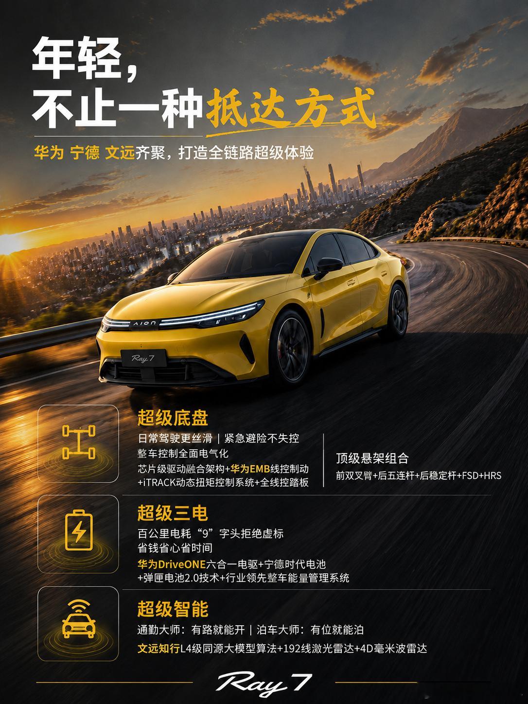 埃安Ray7年轻人的超级纯电年轻人买纯电轿车，早就不是颜值、续航、智能三选一了，