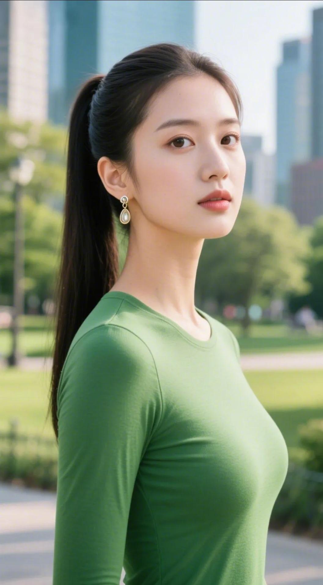 《青衫载满夏风柔》
 
翠色衣装裹着晴日的光，高束的马尾带着轻盈的舒展，耳间坠饰