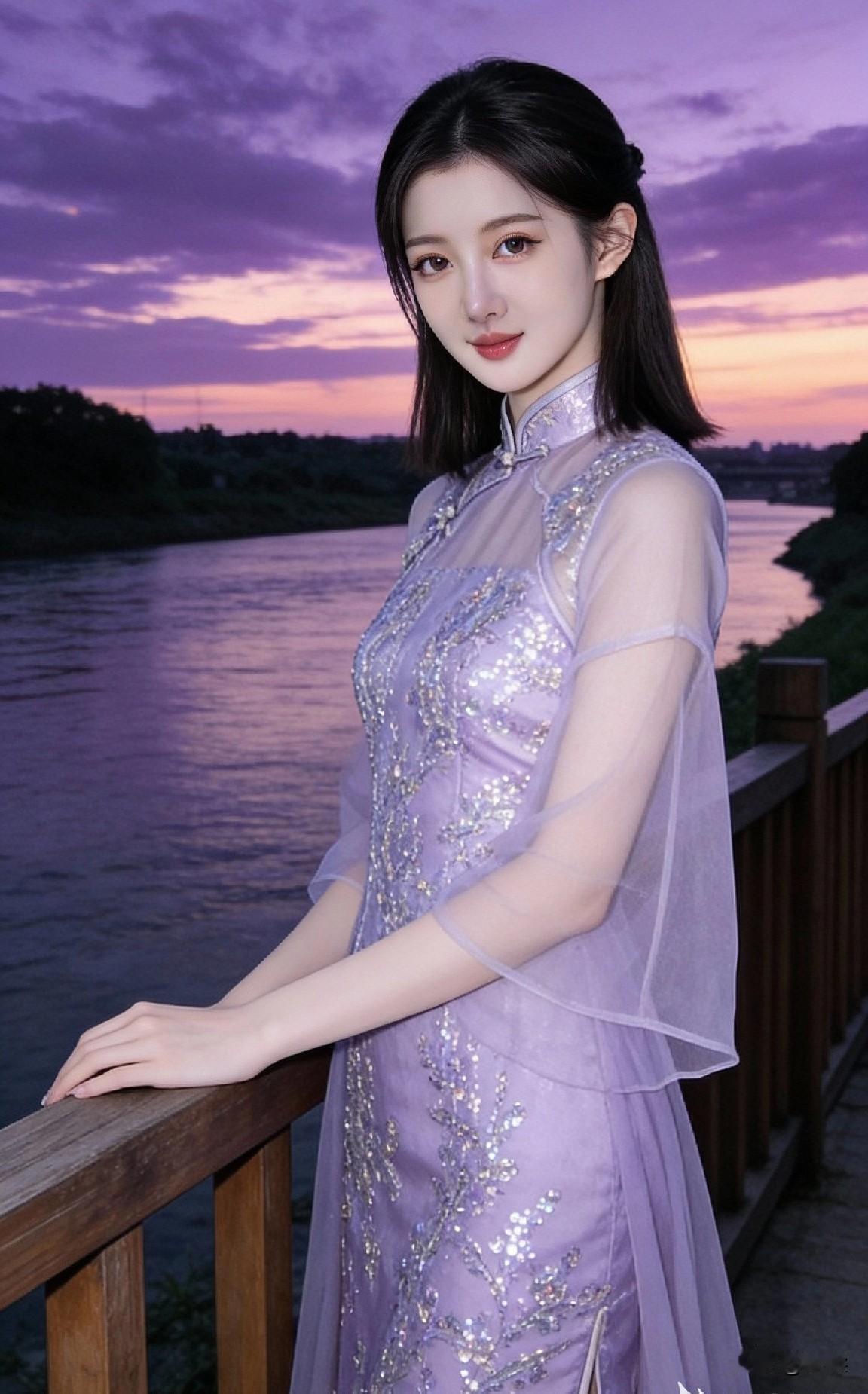 梦幻紫色晚霞，古典旗袍美人倚栏赏景每日搭配分享·时尚穿搭 穿旗袍拍照有多美 什么