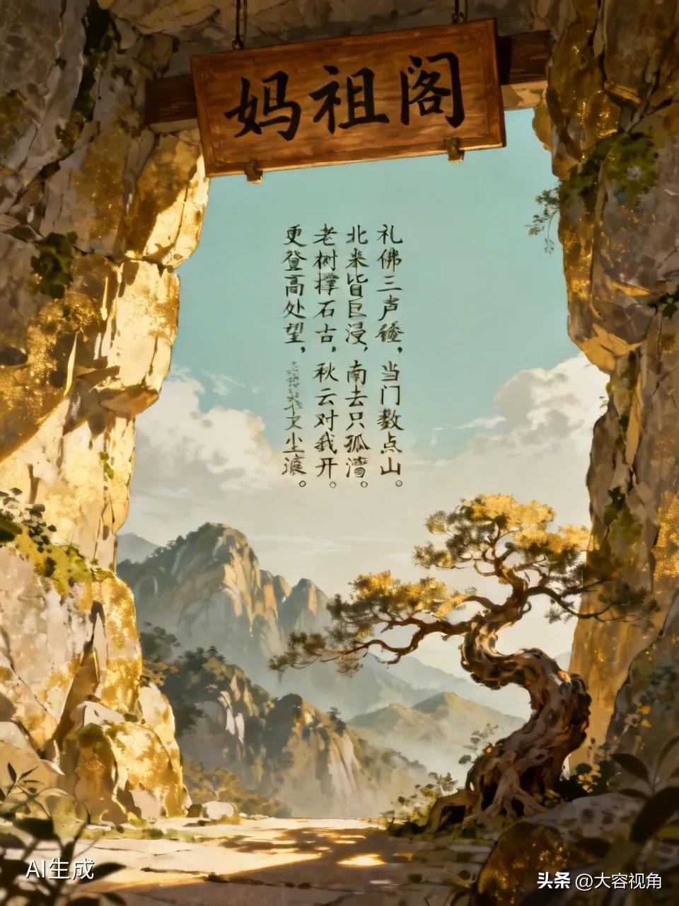 佚名
题妈祖阁石壁
礼佛三声磬，当门数点山。
北来皆巨浸，南去只孤湾。
老树撑石