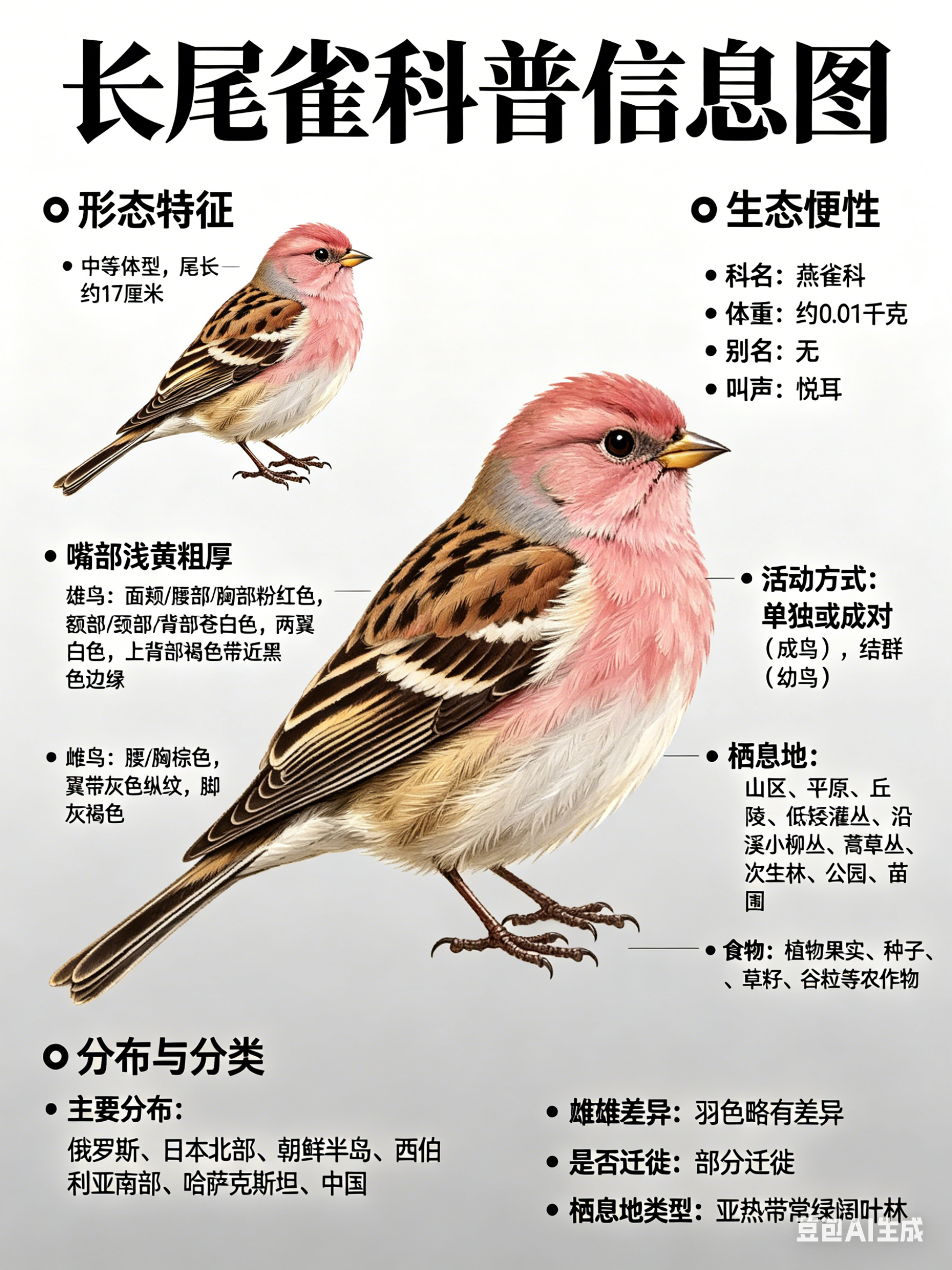 鸟类朋友图鉴 长尾雀科名：燕雀科体重：约0.01千克别名：无长尾雀属于小型鸟类，