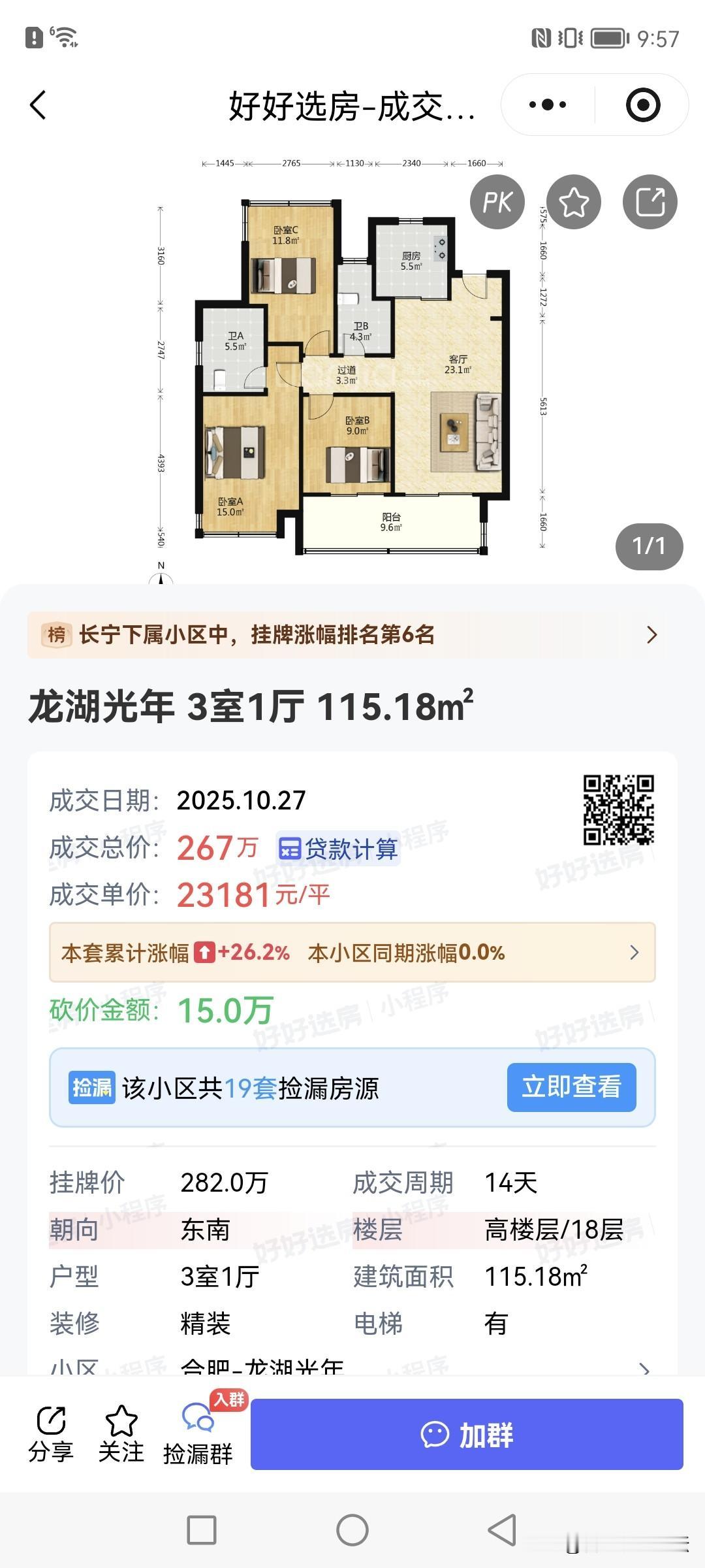今天更新的成交的几个热门小区的二手房。
高新区的龙湖光年小高层单价两万三，这个价