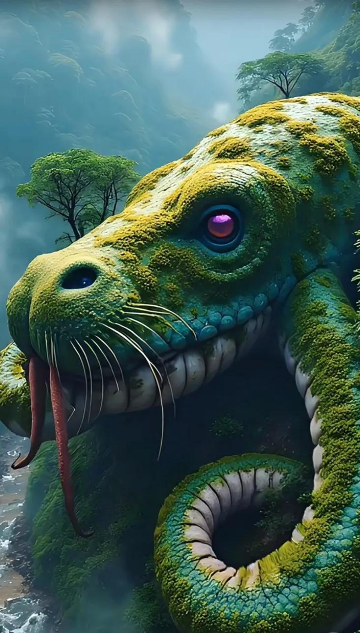 森林深处，一只神秘的绿色巨兽守护着它的领地。🌲🐍👀大自然中的神兽 野生的怪
