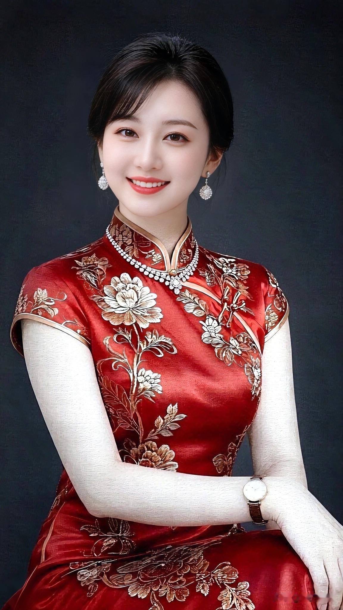 一袭红金牡丹旗袍，尽显东方独有的温婉韵味。流光面料衬得人端庄大气，一颦一笑皆是中