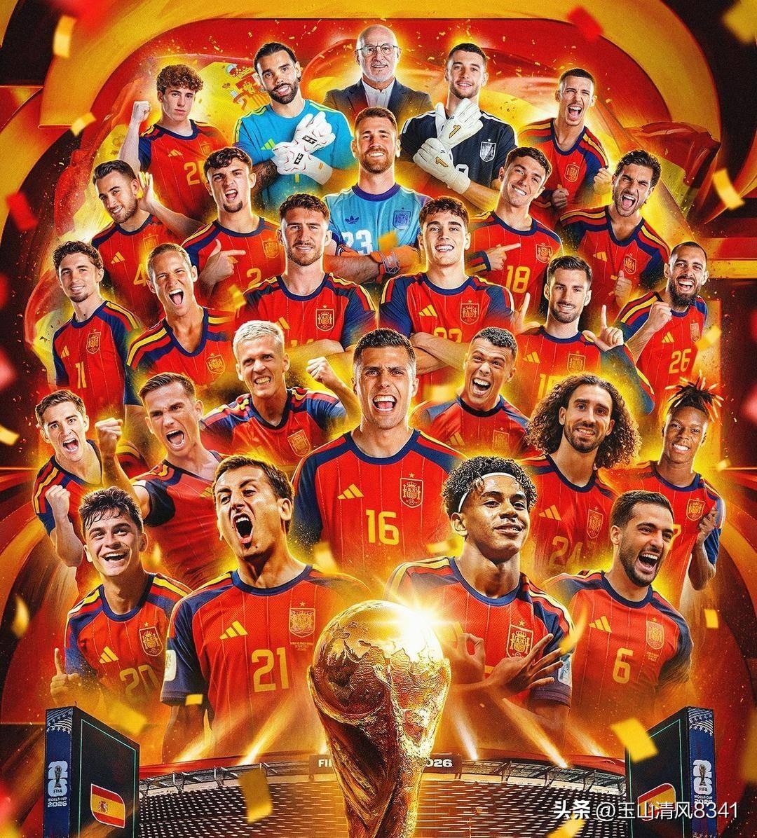西班牙中了世界杯头名。就在2026年7月20日凌晨的美加墨世界杯决赛里，西班牙打