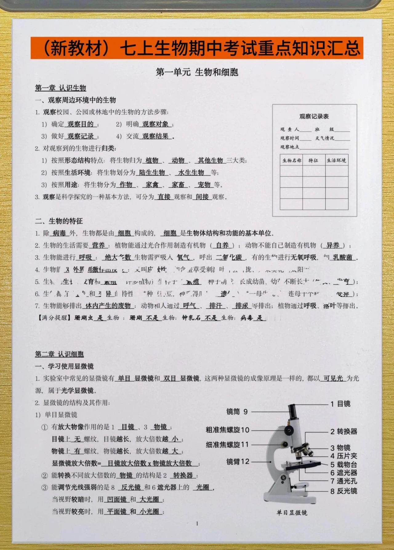 新教材，七上生物知识点总结图文超清版。
