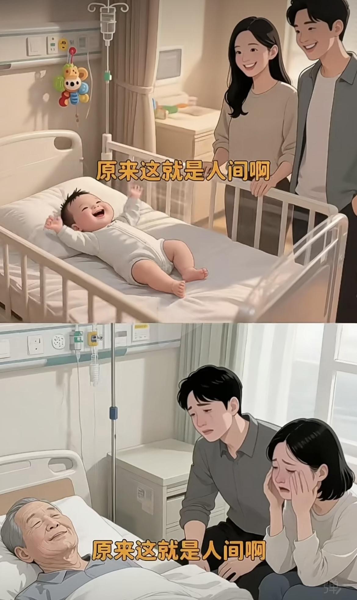 这大概是人间最温柔的首尾呼应吧——

新生的襁褓里，他笑着叹“原来这就是人间啊”