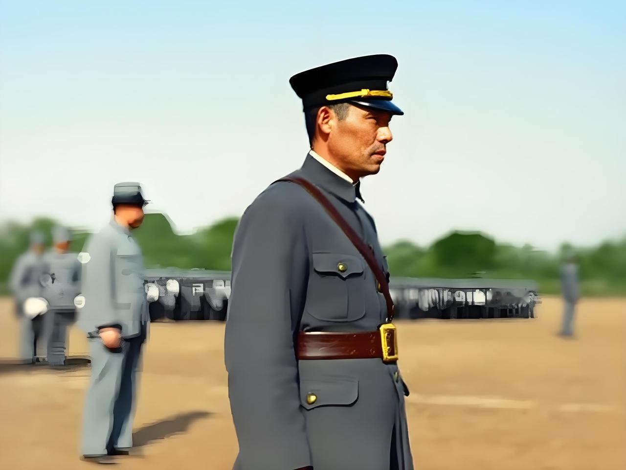 照片呈现的是1934年的顾祝同，他身着军装，佩戴军帽，身姿挺拔站立着，神情严肃，