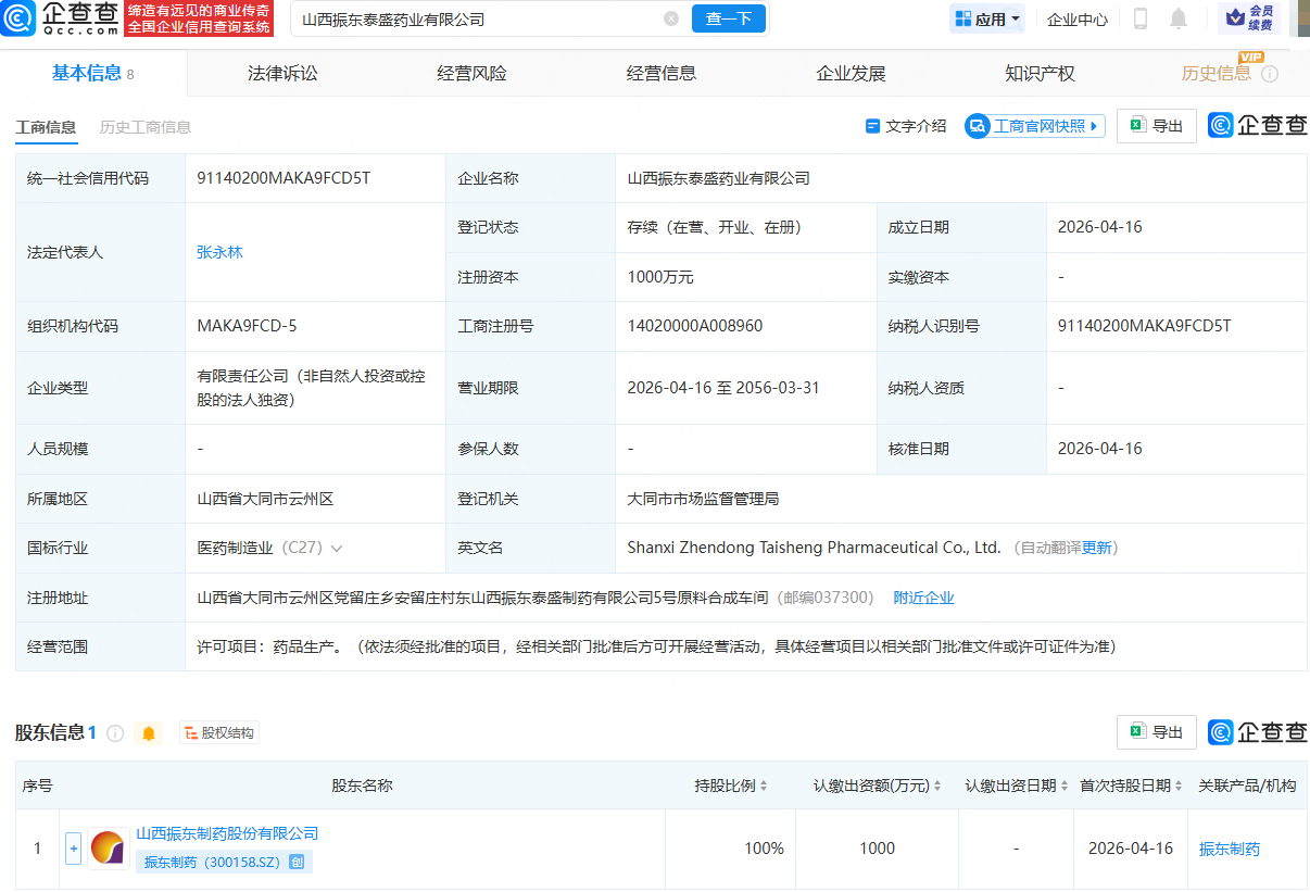 振东制药新设子公司，含药品生产业务