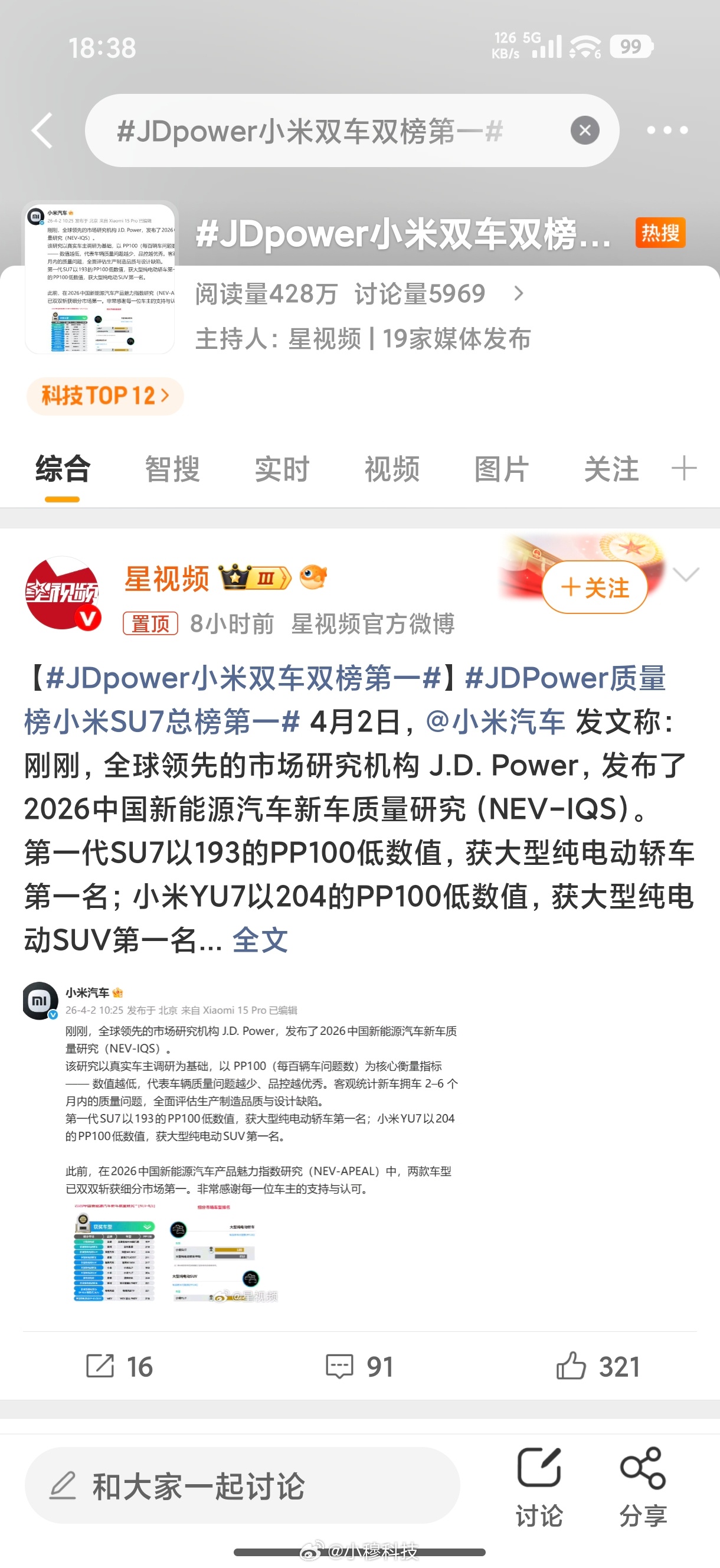 JDpower小米双车双榜第一又投放了一个热搜