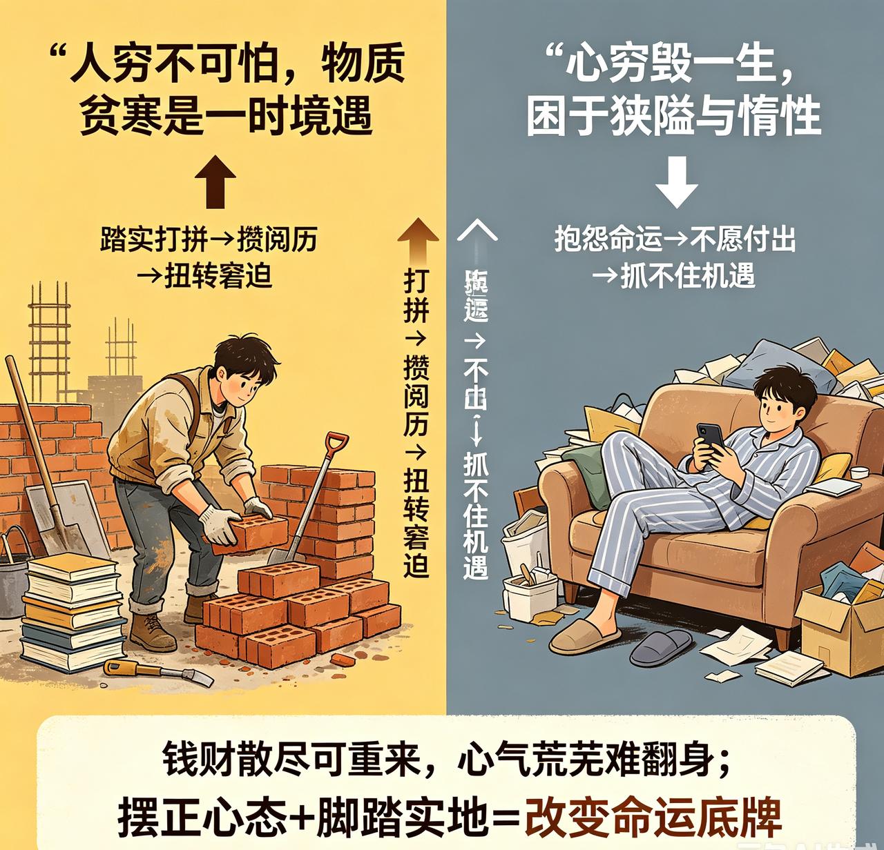 物质上的贫寒只是一时境遇，肯踏实打拼、攒力气攒阅历，早晚能慢慢扭转窘迫日子。可心