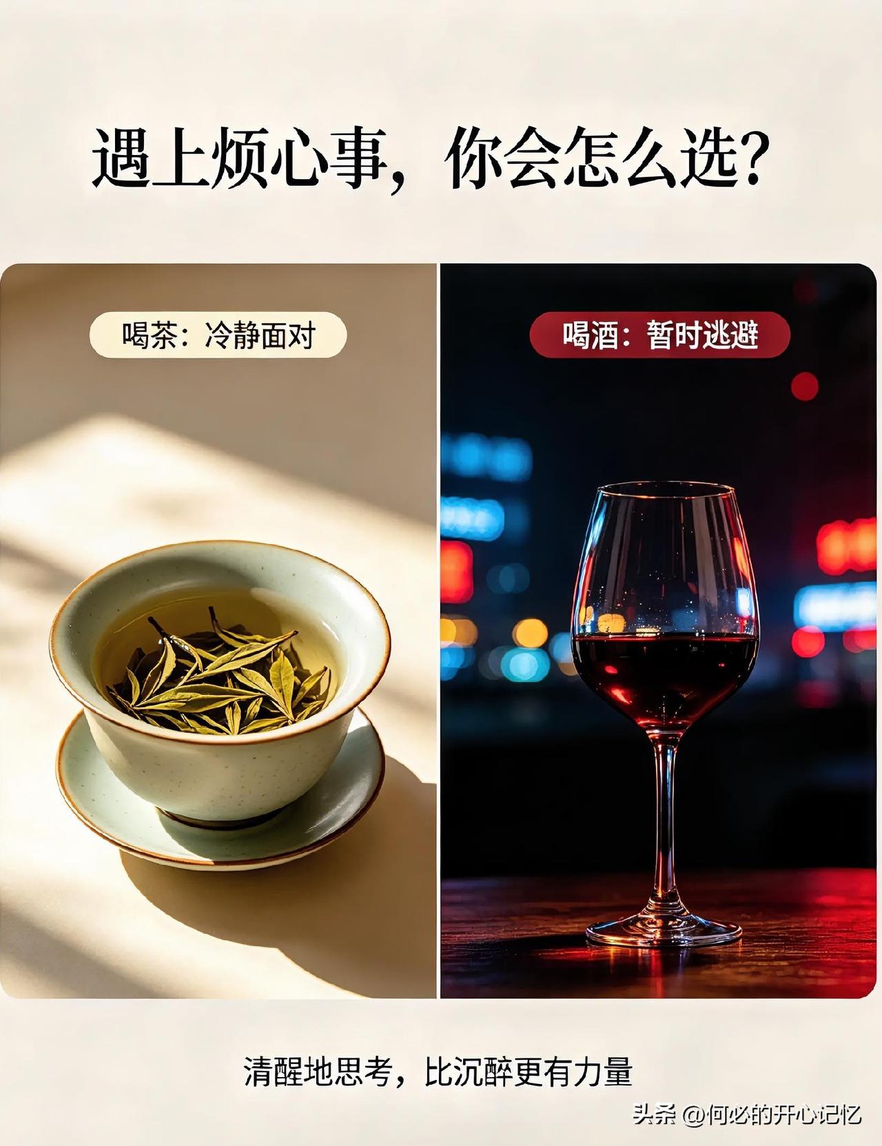若遇上烦心事,你会喝酒还是喝茶?
如果心里装着烦心事，我更愿意选择喝茶。
酒是借