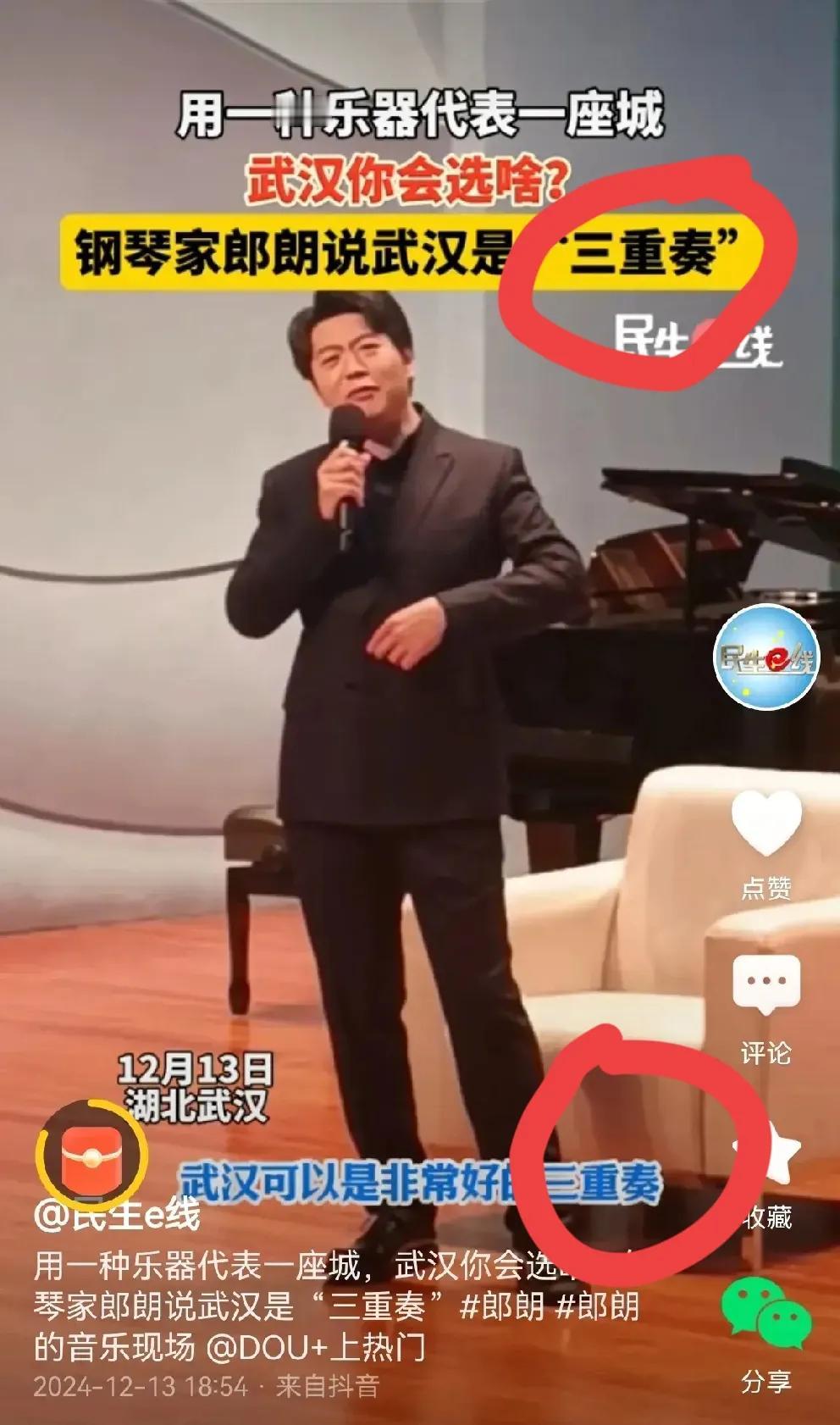 钢琴家郎朗把武汉三镇比喻为钢琴、小提琴、大提琴，汉口、武昌、汉阳是不是正好对应这