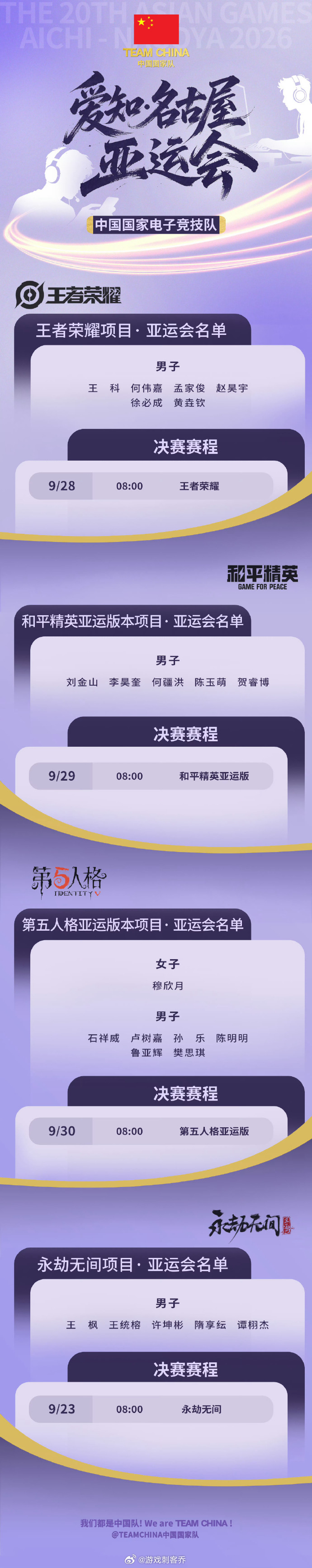 电竞队出征名古屋亚运会亚运会电竞项目名单正式官宣。各个项目的选手整装待发，祝愿所