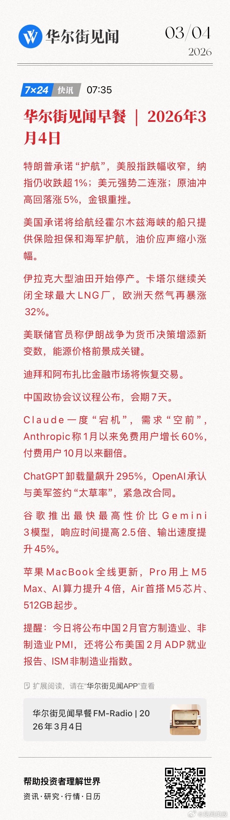 【华尔街见闻早餐 | 2026年3月4日】特朗普承诺“护航”，美股指跌幅收窄，纳