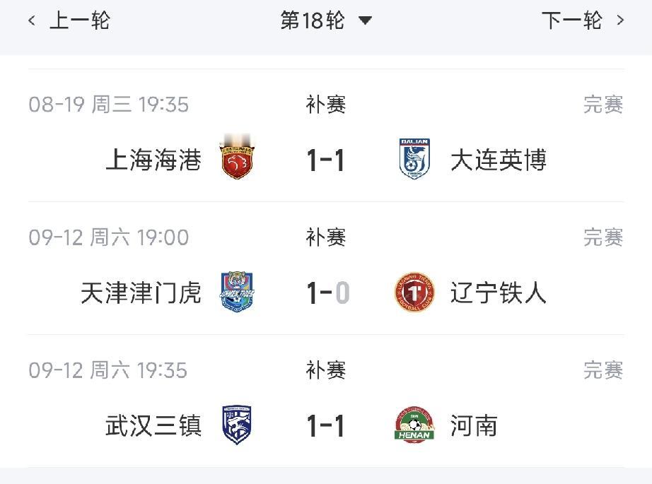 武汉三镇1:1河南队；
天津津门虎1:0辽宁铁人。

刚刚进行了中超联赛第18轮