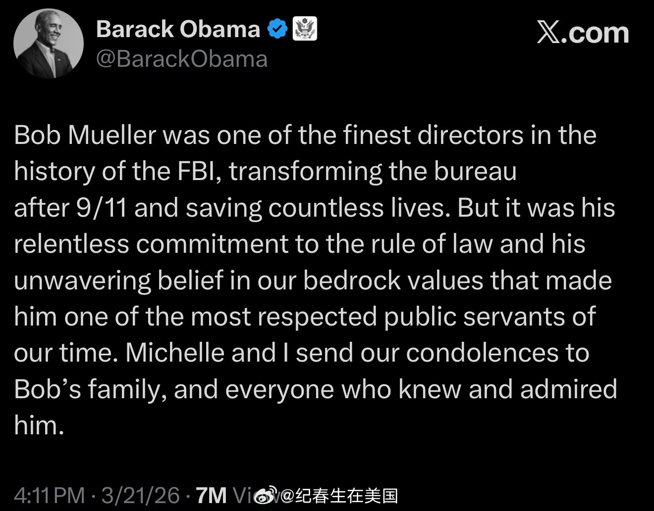 奥巴马：“Bob Mueller 是 FBI 历史上最杰出的局长之一。他在“9·