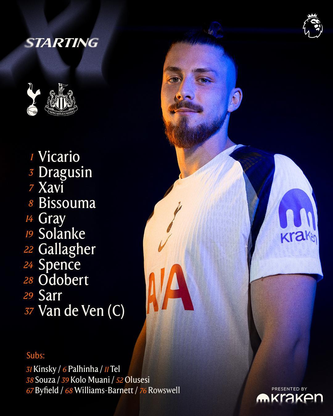 热刺vs纽卡斯尔联 首发阵容⬇️热刺首发：1-维卡里奥、3-德勒古欣、24-斯彭