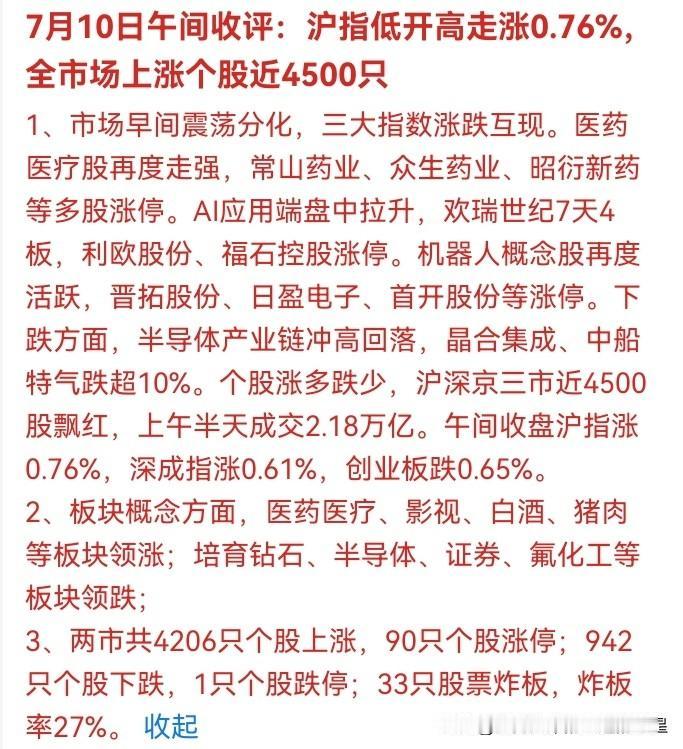 💥 2026年7月10午评，A股惊天大反转！沪指低开高走涨0.76%，近450