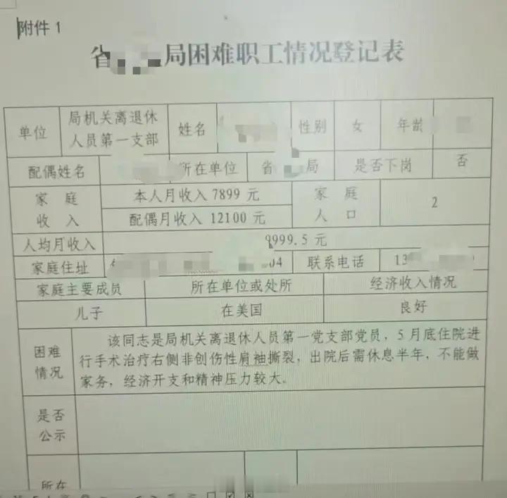 儿子在美国、夫妻俩是省级机关退休月入两万，被列为困难职工？网传《省某局困难职工情