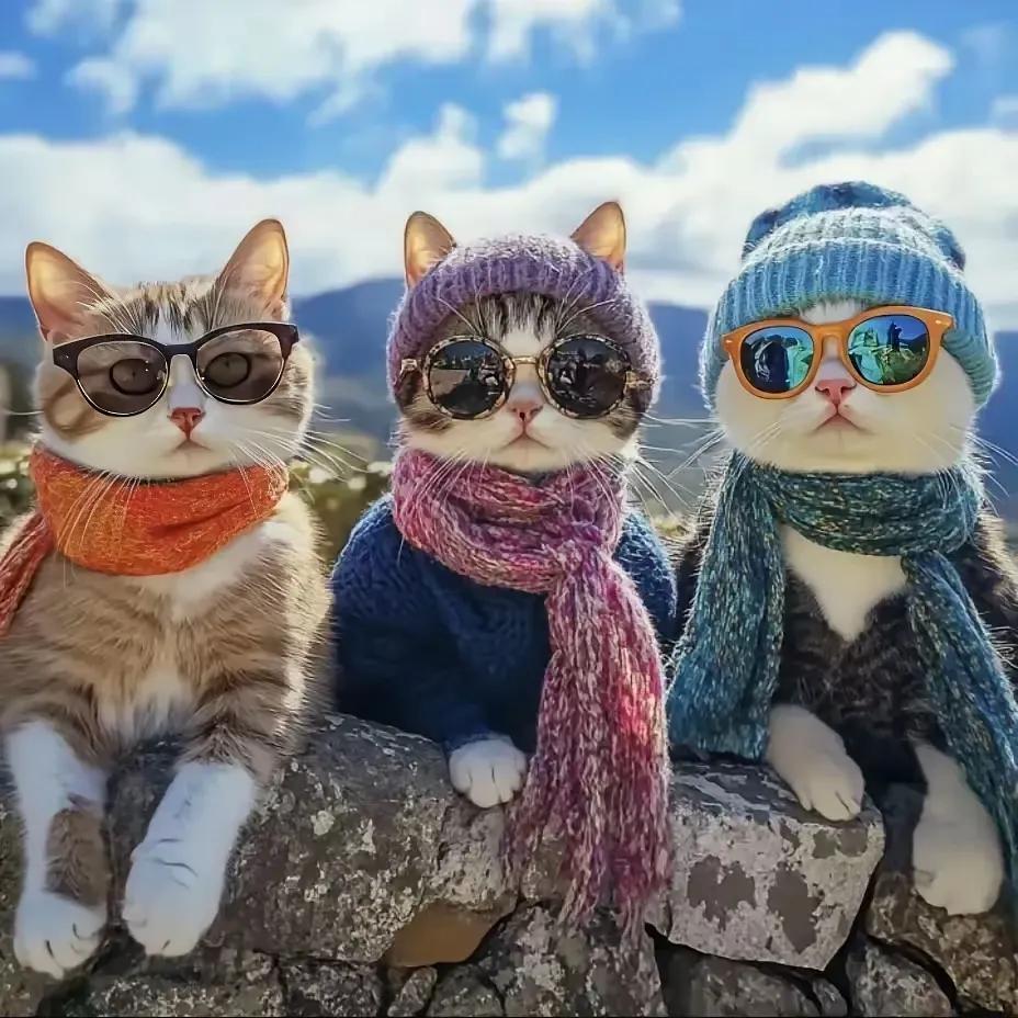 这是猫猫一家三口吗？
还是三个闺蜜旅行？
哪个猫猫颜值最高？
哪个猫猫最会打扮？