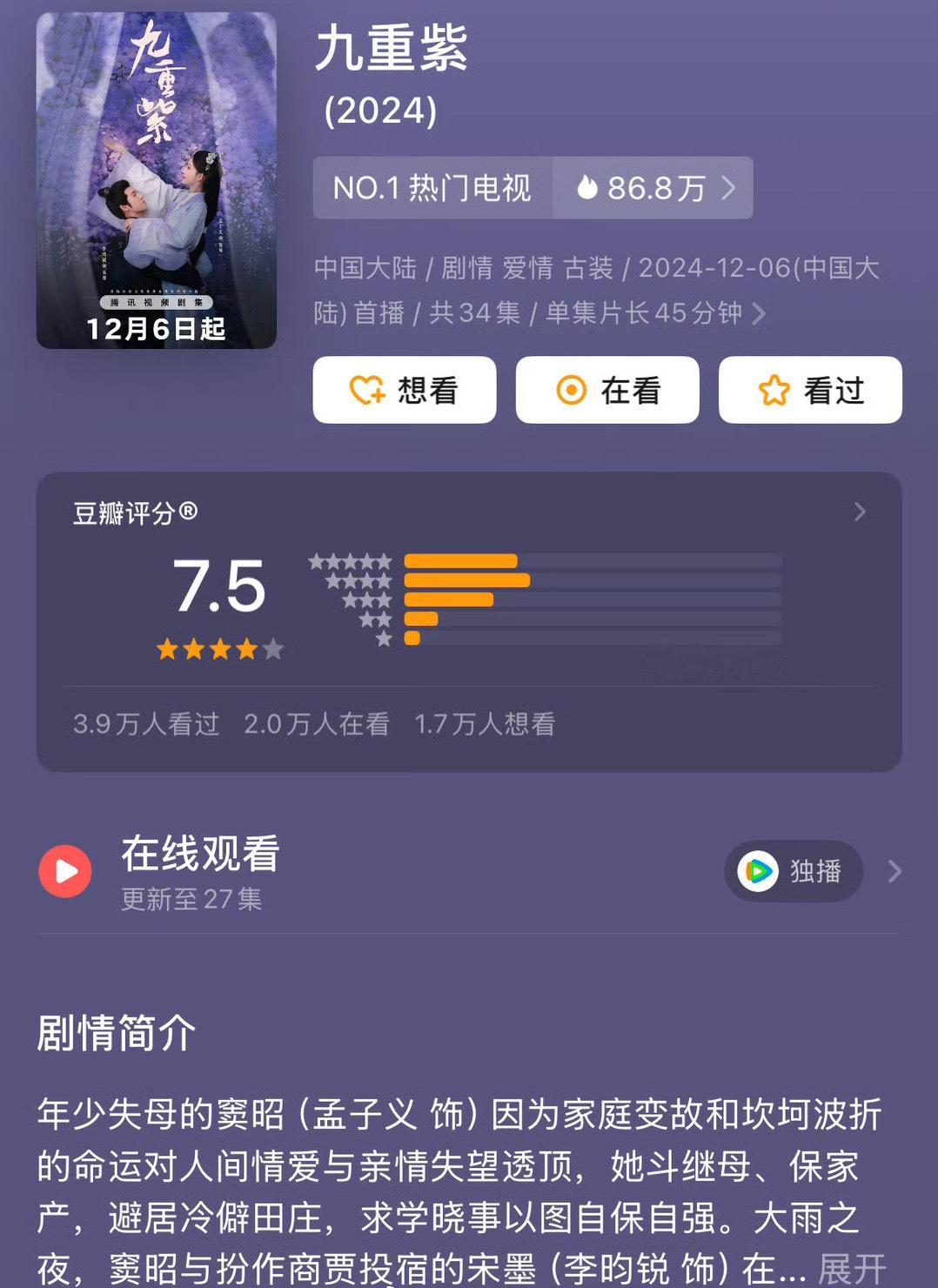 九重紫豆瓣开分7.5  孟子义、李昀锐《九重紫》豆瓣开分7.5，妥妥古偶黑马 