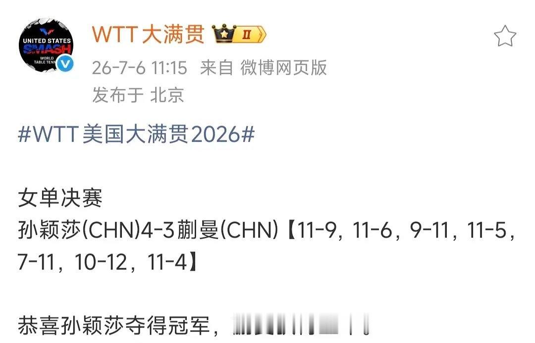 刚刚，孙颖莎女单夺冠了！！恭喜这个大满贯六冠王 