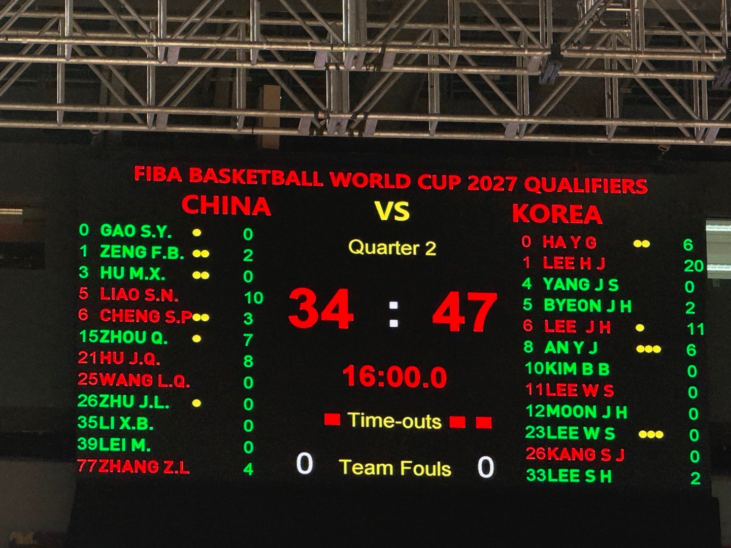 中国男篮vs韩国男篮男篮世预赛中韩对决 中国男篮半场34-47落后韩国，李贤重一
