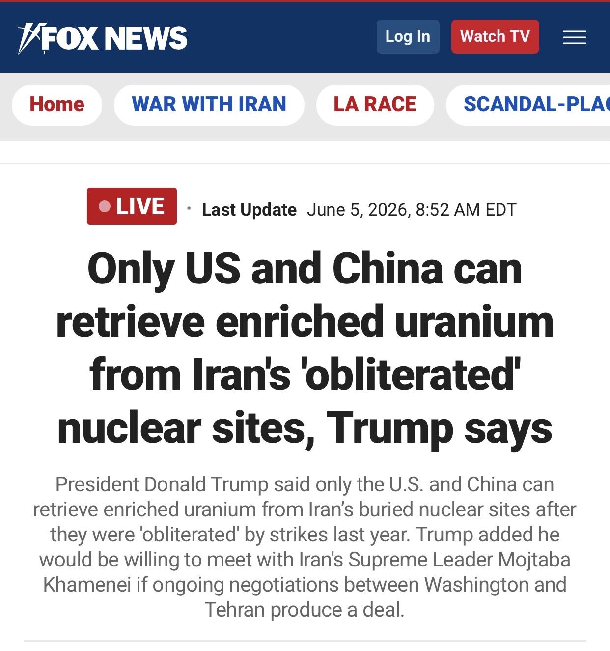 美媒：特朗普说只有美国和中国能把已埋在废墟中的伊朗浓缩铀取出来

美国福克斯新闻