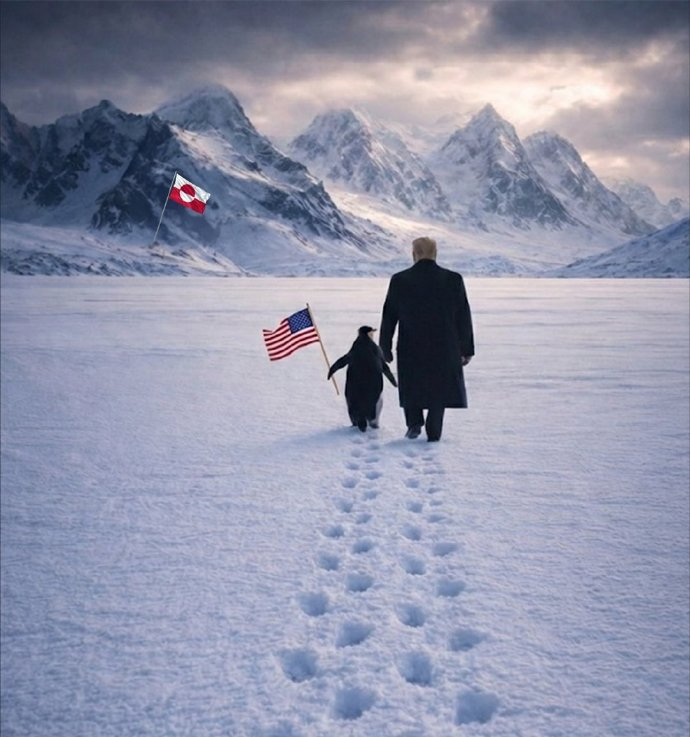 美国网友被白宫气笑了【白宫晒特朗普格陵兰牵企鹅照翻车】当地时间1月23日，美国白