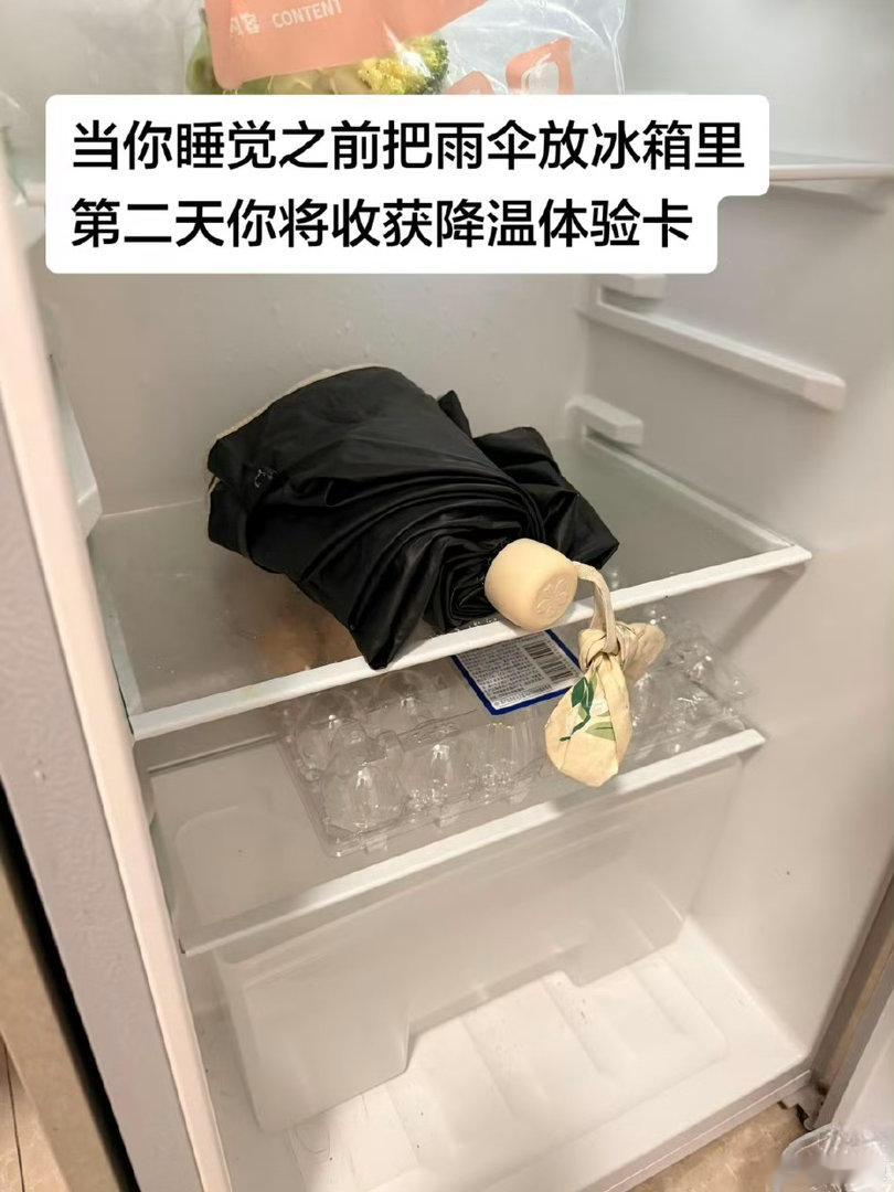 谁还没get雨伞冷藏的快乐？睡前塞进冰箱，第二天撑开的瞬间，凉意直接拉满，这波邪